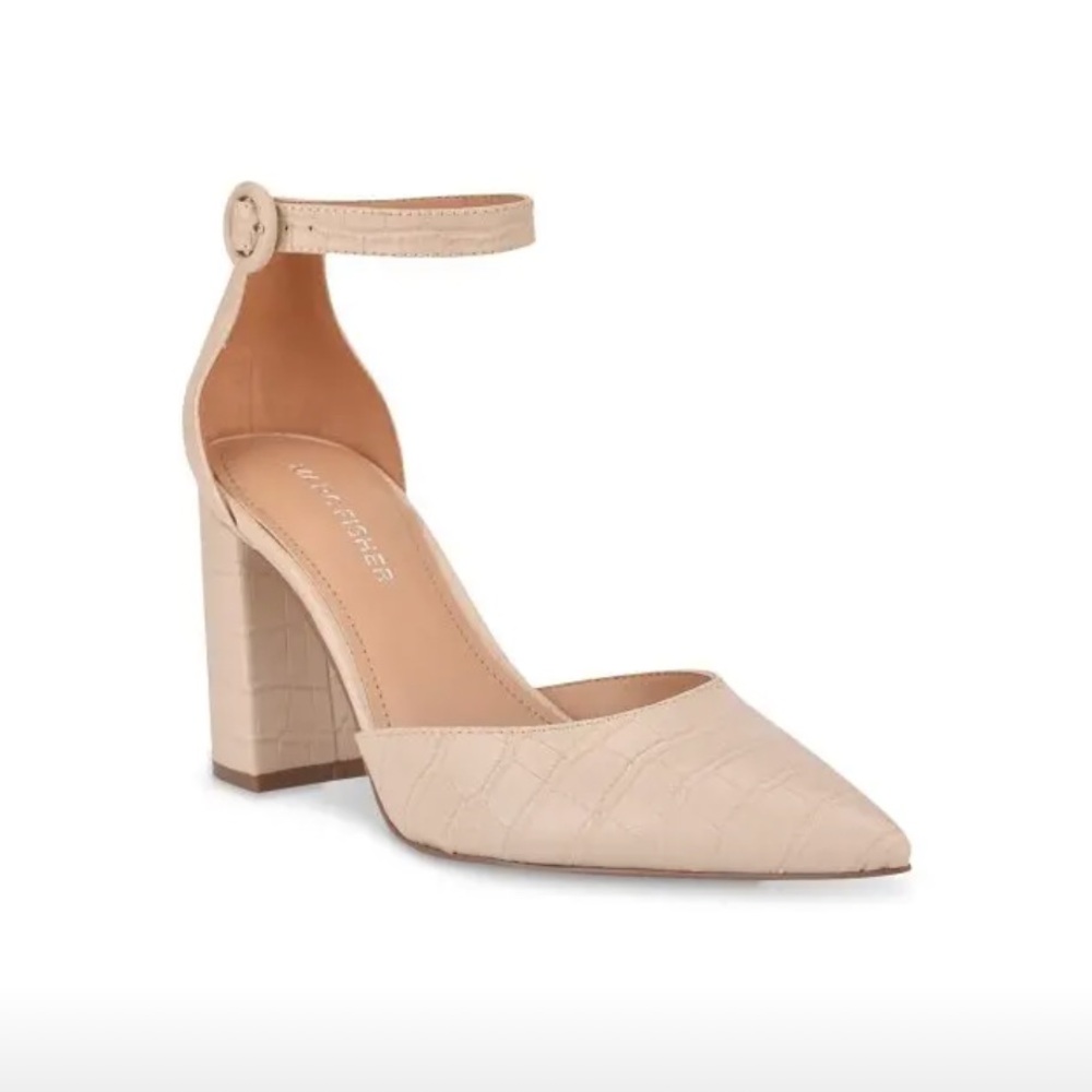 Marc Fisher Nude Croc-Embossed Pointed Block Heel with Ankle Strap